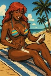 ai_generated beach bikini dark-skinned_female dark_skin kirche_augusta_frederica_von_anhalt_zerbst red_hair sunscreen
