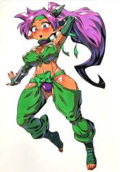 1girls armpits belly_button big_breasts blush bow_ribbon bracers breasts cameltoe crotch_cutout crotchless crotchless_clothes female female_only foot_wraps girin headband hip_windows kunoichi long_hair no_background ponytail purple_hair shantae shantae_(character) solo