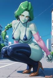 above_view ai_generated alien_humanoid arm_warmers armwear bare_legs bare_shoulders bare_thighs black_nails blush breasts brown_footwear dragon_ball dragon_ball_z earrings eyelashes front_view genderswap_(mtf) green_hair green_lipstick green_skin happy high_heels legwear leotard looking_at_viewer pink_armwear ponytail rule_63 sky smiling smiling_at_viewer spur//. thick_legs thighhighs yellow_eyes zarbon