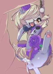 absurd_res accessory anthro anus aoi_mua blush bodily_fluids bow_ribbon capcom clothing cum cum_in_pussy cum_inside dress fangs felid felyne female flat_chested flower flower_in_hair from_front_position fur genital_fluids hair hair_accessory hi_res human lying lynian male male/female mammal missionary_position monster_hunter on_back palico pawpads penetration plant sex sweat teeth vaginal_penetration vaginal_penetration white_body white_fur