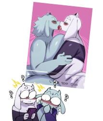 2025 2girls anthro arm_grab ass big_breasts big_butt blush bodily_fluids boss_monster_(undertale) bovid breast_squish breasts breasts_frottage caprine clothed clothing confusion digital_drawing_(artwork) digital_media_(artwork) duo electronics female female/female floppy_ears french_kissing fur goat hi_res horn huge_breasts kissing mammal nose_to_nose nude nude_female overweight overweight_female partially_clothed_female phone question_mark selfcest social_media square_crossover squish sssonic2 sweat thick_thighs toriel undertale_(series) watching_video white_body white_fur