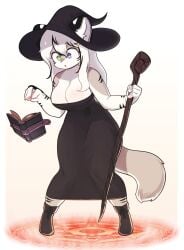 black_dress breasts dress fur furry furry_female furryjuana medium_breasts ritual staff standing witch witch_hat