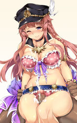 1boy ;) arm_grab bikini blush braid breasts censored choker cleavage cum ejaculation female granblue_fantasy hat hidebuu lecia_(granblue_fantasy) long_hair mosaic_censoring one_eye_closed outercourse penis polka_dot polka_dot_bikini polka_dot_swimsuit single_braid smile solo_focus swimsuit thigh_sex tied_hair