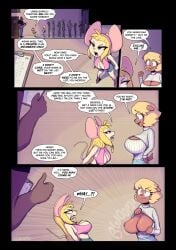 1boy 2girls angry anthro big_breasts blonde_hair blue_eyes breasts comic dark_skin dialogue english_text female female_focus flash_in_exchange flashing himeko_(osokamu) light_skin male original osokamu rat rat_girl rat_tail sweater text tracy_(osomaku)
