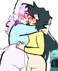 animation_meme_community belle_(mewdelynn) blushing_at_partner cyan_clothing french_kissing furry green_hair holding_breast kissing large_ass large_breasts lesbian_kiss long_hair looking_pleasured mewdelynn older_female_and_teenage_girl partners pink_eyes pleasured_face purple_bandana purple_hair pussy_exposed red_eyes requested short_hair teenage_girl vera_(jadeinblack) viewed_from_behind watching_from_afar yellow_clothing yuri