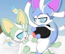 absurd_res animal_genitalia animal_penis balls bed black_clothing black_hoodie black_topwear blue_body blue_eyes blue_fur blue_tail blush canine_genitalia canine_penis clothing delisylvi_(character) demmy dominant dominant_feral dominant_male duo eeveelution eyewear fan_character fangs feral feral_on_top fur furniture generation_6_pokemon genitals glasses green_body green_fur half-closed_eyes hi_res hoodie looking_at_partner's_penis looking_down looking_down_at_partner lying male male/male male_on_bottom male_on_top mammal narrowed_eyes nintendo on_back on_bottom on_top open_mouth penis pokemon pokemon_(species) ribbons_(anatomy) side_view submissive submissive_feral submissive_male sylveon tail teeth topwear whiskers