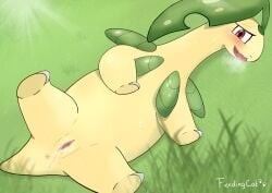 absurd_res bayleef blush bodily_fluids breath female feral fiendingcat fur generation_2_pokemon genital_fluids genitals grass hi_res looking_at_viewer lying nintendo on_back open_mouth outside panting plant pokemon pokemon_(species) presenting presenting_pussy pussy quadruped red_eyes scalie solo spread_legs spreading sweat tail yellow_body yellow_fur