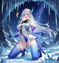 ai_generated bottomless dress elbow_gloves high_heels ice icicle long_hair open_mouth patreon patreon_username red_eyes stockings surprised vaginal_penetration white_hair xzollosez