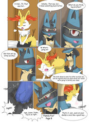 akiru_cario anal ass black_fur blue_fur braixen canine dialogue english_text erection eyewear fellatio fox fur glasses group group_sex incest lucario male mammal nintendo oral oral_penetration page_8 penetration penis pokemon pokemon_(species) sex threesome video_games winick-lim yaoi yellow_fur