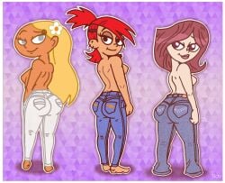 3girls blonde_hair cartoon_network crossover dan_vs. elise_pearson female foster's_home_for_imaginary_friends frankie_foster miracle_grohe purple_hair red_hair sit_down_shut_up topless topless_female zap92