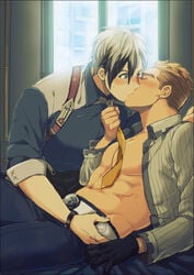 2boys abs belt black_gloves gay gloves green_eyes incest julius_will_kresnik kissing ludger_will_kresnik male_only multiple_boys necktie necktie_grab omty open_clothes open_shirt shirt tales_of_(series) tales_of_xillia undressing yaoi