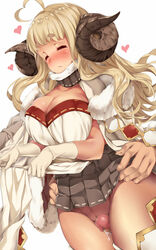 ahoge anila_(granblue_fantasy) blonde_hair blush breasts censored cleavage closed_eyes cum draph female gloves granblue_fantasy heart hidebuu horns large_breasts long_hair mosaic_censoring penis pussy sheep_horns simple_background skirt solo_focus torso_grab white_background