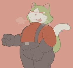 2025 4_fingers anthro ass belly big_butt black_bottomwear black_clothing black_gloves black_handwear black_pants blush blush_lines bodily_fluids bottomwear breath cafongterua clothed clothing digital_media_(artwork) dipstick_tail domestic_cat erection erection_under_clothing felid feline felis fingers flat_colors fully_clothed fur gloves green_body green_fur handwear male mammal markings moobs multicolored_body multicolored_fur narrowed_eyes open_mouth open_smile overweight overweight_anthro overweight_male pants pink_background pink_nose pink_tongue raised_tail red_clothing red_eyes red_shirt red_topwear shirt simple_background smile solay_(cafongterua) solo standing suspenders sweat sweatdrop tail tail_markings teeth thick_thighs tongue topwear touching_bulge two_tone_body two_tone_fur white_body white_fur