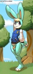 2025 absurd_res animal_crossing anthro balls biped bodily_fluids bottomless clothed clothing digital_media_(artwork) feet genital_fluids genitals hi_res humanoid_genitalia humanoid_penis justtaylor lagomorph leporid long_ears male mammal nintendo outside penis plant precum rabbit sasha_(animal_crossing) solo toes tree