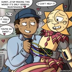 2 daycare_attendant_(fnaf) five_nights_at_freddy's five_nights_at_freddy's:_security_breach fnaf gay kunaigirl kunaigirl male/male mechanic no_visible_genitalia oc_x_canon robot robots sundrop sundrop_fnaf wire_play wires