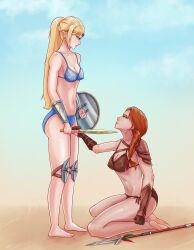 arena bikini blonde_female blonde_hair blue_eyes death determined execution fight gladiator gladiatrix green_eyes kneeling leather red_hair shield spear sword