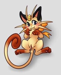 2015 blush feline female feral fur furry furry_only looking_at_viewer lying mammal melanie_the_meowth meowth nintendo nude ohmuu on_back pokemon presenting pussy ribbons simple_background smile solo video_games