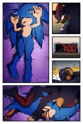 2022 2:3 5_fingers after_orgasm after_sex afterglow alarm_clock anthro artist_name bed bed_covers bedding bedroom biped black_body black_fur black_nose blue_body blue_fur blush blush_lines bodily_fluids chest_tuft clock closed_eyes comic countershade_fur countershading cuddling cum cum_on_body cum_on_chest cum_on_leg cum_on_pussy digital_clock digital_drawing_(artwork) digital_media_(artwork) duo electronics eulipotyphlan fingers fur furniture genital_fluids green_eyes half-closed_eyes hedgehog hi_res hug hugging_another hugging_partner humanoid_hands inside looking_at_another looking_pleasured lying male male/male mammal morning multicolored_body multicolored_fur muscular muscular_anthro muscular_male narrowed_eyes nowykowski7 nude nude_anthro nude_male on_back on_bed on_side open_mouth open_smile pillow quills_(anatomy) red_body red_eyes red_fur relationship romantic sega shaded shadow_the_hedgehog sleeping smile sonic_(series) sonic_the_hedgehog sonic_the_hedgehog_(series) spooning sweat tan_arms tan_body tan_countershading tan_fur tan_inner_ear text tuft