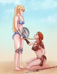 arena bikini blonde_female blonde_hair blue_eyes closed_eyes death determined execution eyes_closed fight gladiator gladiatrix green_eyes kneeling leather red_hair shield spear sword