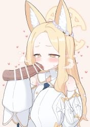 1boy after_fellatio animal_ear_fluff animal_ears bar_censor bare_shoulders blonde_hair blue_archive blush censored detached_sleeves disembodied_penis erection female foreskin fox_ears halo heart highres long_hair looking_at_penis penis phimosis seia_(blue_archive) simple_background sleeves_past_fingers sleeves_past_wrists solo_focus straight sukarabeeto yellow_halo young