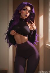 ai_generated gym gym_clothes gym_uniform league_of_legends mobolusai purple_eyes purple_hair selfie syndra withered_rose_syndra