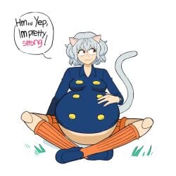 1:1 2019 2d_animation ambiguous_gender ambiguous_prey animated anthro belly big_belly blue_clothing blue_shirt blue_topwear breasts chimera_ant clothing english_text felid female female_pred footwear grey_hair hair hand_on_belly hunter_x_hunter lewdlemage mammal neferpitou no_sound overweight overweight_anthro red_eyes shirt shoes short_playtime simple_background solo speech_bubble tagme text topwear video vore white_background