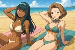 2girls ai_generated alice_(zero_escape) beach bikini female fire_emblem fire_emblem:_three_houses manuela_casagranda sunbathing zero_escape