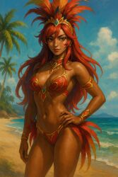 ai_generated beach bikini carnival carnival_(holiday) carnival_outfit dark_skin dark_skinned_female kirche_augusta_frederica_von_anhalt_zerbst red_hair