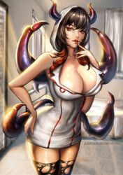 breasts cleavage dress female hood horns large_breasts long_hair nurse orange_eyes sangrde solo standing thighhighs