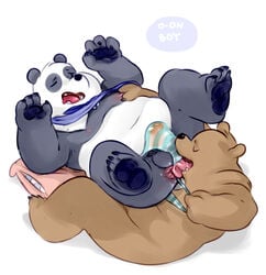 anal bear black_fur brown_fur bulge cartoon_network clothing drooling duo fur glitter_trap_boy grizzly_(character) grizzly_bear male mammal one_eye_closed oral panda panda_(character) panties pillow rimming saliva sex tongue underwear we_bare_bears white_fur yaoi