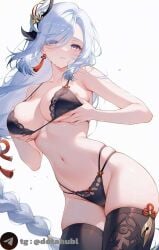 , 1girl 1girls ai_generated big_breasts black_lingerie bra braided_hair braided_ponytail breasts female genshin_impact groping_breasts groping_self hair_ornament light-skinned_female lingerie panties shenhe_(genshin_impact) stockings white_background white_eyes white_hair