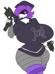 1girls 2023 34hengker android big_ass big_breasts big_butt busty clothed curvy female female_only firearm gun h.a.r holding_gun huge_breasts long_socks murder_drones purple_eyes purple_hair robot robot_girl robot_humanoid solo thick_legs thick_thighs uzi uzi_(murder_drones) weapon wide_hips worker_drone