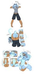 2016 absurd_res areola balls_shrinking bayora_(icyfoxy) bent_over black_hair blue_areola blue_body blue_countershading blue_hair blue_nipples blush bottomwear bottomwear_down breast_growth breasts clothed clothing colored countershade_tail countershade_torso countershading dragon dripping_pussy english_text female fondling fully_clothed gender_transformation genitals genitals_shrinking growth hair hand_on_own_breast hi_res holding_breast holding_head horn human human_to_feral intravaginal_penis lapinousmalice male mammal markings mask mtf_transformation mythological_creature mythological_scalie mythology navel nipples non-mammal_breasts non-mammal_navel non-mammal_nipples non-mammal_pussy pants pants_down partially_clothed penis penis_shrinking pussy scalie self_fondle shirt shirt_up shorts smile snout snout_growth solo species_transformation speech_bubble standing t-shirt tail tail_growth text topwear transformation transformation_sequence transformation_through_magic white_markings winged_arms wings