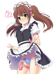 1boy apron ball_bulge balls balls_in_panties blush brown_hair canon_crossdressing crossdressing double_v dress dress_lift erection erection_in_panties erection_under_clothes funikurikurara green_eyes idolmaster idolmaster_side-m long_hair maid maid_headdress male male_only mizushima_saki panties panty_bulge penis penis_bulge penis_in_panties penis_under_apron penis_under_clothes penis_under_skirt precum side-tie_panties skirt skirt_lift smile stain tenting thigh_strap tied_hair trap twintails v vibrator white_background yaoi