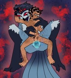 absurd_res anal anal_sex anthro avian big_penis bird blitzo_(helluva_boss) bodily_fluids burn_scar chimeracocks demon dildo double_dildo duo feeldoe genital_fluids genital_piercing genitals glowing glowing_genitalia goetia helluva_boss hi_res holding_partner human human_on_anthro interspecies magic male male/male mammal owl owl_demon penetration penis penis_piercing piercing precum prosthetic prosthetic_hand scar sex_toy size_difference stolas_(helluva_boss)