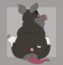 20th_century_fox absurd_res animal_genitalia animal_penis anus ass balls berkshire_pig black_body black_fur bob-jiggles curled_tail disney domestic_pig erection eyebrows fur genitals grey_background half-closed_eyes hi_res hooves housebroken legs_up looking_at_viewer looking_back looking_back_at_viewer male male_only mammal max_(housebroken) multicolored_body narrowed_eyes overweight overweight_male penis porcine_penis raised_tail rear_view rounded_ears simple_background sitting smile smiling_at_viewer smirk smirking_at_viewer snout solo spread_legs spreading suid suine sus_(pig) tail tail_anus thick_eyebrows