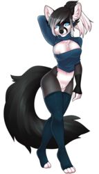 2015 alpha_channel anthro areola blue_eyes breasts canine chest_tuft cleavage clitoris clothed clothing female fur grey_fur grey_hair hair half-closed_eyes legwear looking_at_viewer mammal multicolored_hair nipples okka pussy simple_background skimpy smile solo standing thigh_highs transparent_background tuft two_tone_hair