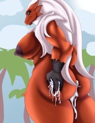 absurd_res anthro areola ass avian big_areola big_breasts big_nipples blaziken bodily_fluids breasts brown_nipples butt_grab chest_tuft claws cum cum_in_ass cum_inside cum_on_hand dark_nipples female fur generation_3_pokemon genital_fluids hair hand_on_butt hi_res long_hair looking_at_viewer muscular muscular_anthro muscular_female neck_tuft nintendo nipples pokemon pokemon_(species) red_body red_fur seductive simple_background solo tuft white_hair zortrex