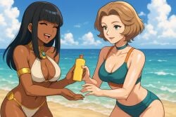 2girls ai_generated alice_(zero_escape) beach bikini female fire_emblem fire_emblem:_three_houses manuela_casagranda sunscreen zero_escape