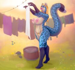 anthro blonde_hair breasts butterfly clothesline earring feline female keeltheequine nude pink_eyes solo spots tail vagina