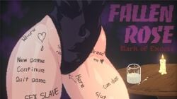 1girls 2d arrow_(symbol) big_thighs black_leotard body_writing candle cum_in_container fallen_rose_mark_of_excess female female_only game_cg game_screenshot gameplay_mechanics glass_container heart_symbol highleg highleg_leotard huge_thighs leotard menu_screen one-piece_swimsuit pixel_art solo solo_female table tattoo tattoo_on_legs thick_thighs thighs title wide_hips writing_on_body writing_on_thigh