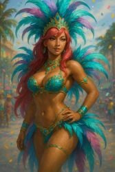 ai_generated beach bikini carnival carnival_(holiday) carnival_outfit dark_skin dark_skinned_female kirche_augusta_frederica_von_anhalt_zerbst red_hair