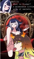 2girls ahoge animal barefoot big blue breasts brown castlevania collar copyright dominant domination ears edit eyes feet female fetish focus foot foot_fetish foot_focus girl glass hair huge indie_virtual_youtuber lick licking licking_foot magnum_oppai meme monster oppai shylily sinder_(vtuber) sitting spiked throne tongue virtual vtuber wine worship yellow youtuber yuri