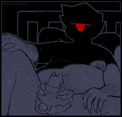 1_eye 2023 anthro arm_hair bed bodily_fluids body_hair breasts claws cyclops digital_drawing_(artwork) digital_media_(artwork) digitigrade duo extreme_size_difference felid finger_claws fingers fur furniture genital_fluids genitals gregory_(vexedcalyx) hair hairy_hands holding_hair humanoid humanoid_genitalia leg_hair macro male male/male male_penetrated male_penetrating male_penetrating_male mammal markings monochrome mythological_creature mythological_sphinx mythology nipples not_furry nude obscured_face penetration penile penile_penetration penis penis_in_pussy pubes pussy red_eyes samuel_(vexedcalyx) sex simple_background size_difference small_top_big_bottom striped_body striped_markings stripes sweat tail touching_hair trans_(lore) trans_man_(lore) unimpressed vaginal_penetration vexedcalyx