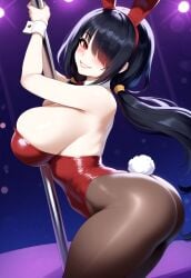 1girls ai_generated arched_back ass bent_over big_ass black_hair blush bunny_ears curvy_body date_a_live detached_collar female from_side heavy_breathing highleg huge_breasts large_breasts leotard looking_back low_twintails pantyhose playboy_bunny pole_dancing, red_eye remington34 smile thicc_thighs tokisaki_kurumi wide_hips wrist_cuffs