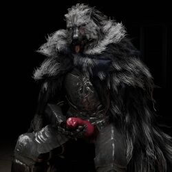 3d anthro big_penis black_sclera blaidd_(elden_ring) canid canine cape clothing digital_media_(artwork) elden_ring erection fromsoftware fur genitals grey_body grey_fur hi_res knot knotted_penis male masturbation pearlh2hoe penis penis_grab solo solo_male tongue tongue_out wolf