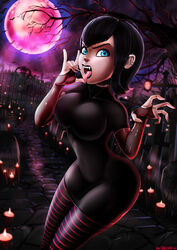 1girls black_hair blood blood_moon blue_eyes bodysuit breasts bridal_gauntlets choker cleavage ear_piercing eyeliner fangs female female_only goth hotel_transylvania large_breasts licking lingerie lipstick mavis_dracula nail_polish open_mouth piercing shadman short_hair solo standing thighhighs tongue_piercing vampire