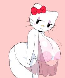 anthro areola ass big_breasts big_butt blush blush_stickers bow_(feature) breasts clothing domestic_cat felid feline felis female hello_kitty_(character) hello_kitty_(series) kitty_white leaning leaning_forward lingerie mammal narrowed_eyes nipples nude nude_female sanrio savagensfw solo thick_thighs translucent translucent_clothing unimpressed whiskers white_body yellow_nose