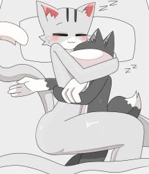 breasts cuddling feline female fur furry huge_breasts large_breasts male male/female nude on_bed sashitree sleeping straight