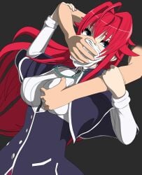 blue_eyes breast_grab chloroform disembodied_arm groping_breasts groping_from_behind high_school_dxd red_hair rias_gremory scared_expression school_uniform struggling very_long_hair